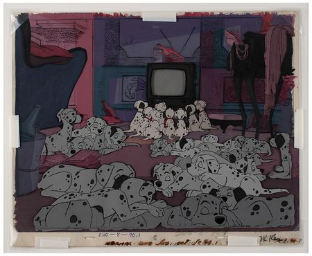 Lot #728 Dalmatian puppies production cels on a key master production background from 101 Dalmatians: Incredible key master production set-up of the Dalmatian puppies watching TV - Image 2