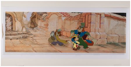 Lot #660 Pinocchio, Honest John, and Gideon production cels from Pinocchio Production Cels On A Giclee Background - Image 1