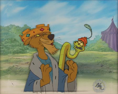 Lot #735 Prince John and Sir Hiss production cels on a production background from Robin Hood Production Cels - Image 1