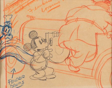 Lot #631 Mickey Mouse, Goofy, and Peg Leg Pete production storyboard drawing from Mickey's Service Station Production Storyboard Drawing - Image 1