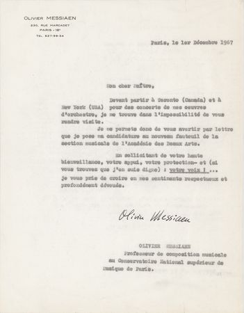 Lot #412 Olivier Messiaen Typed Letter Signed - Image 1