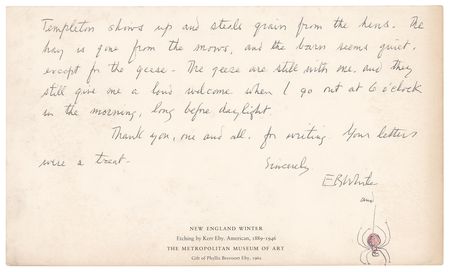 Lot #357 E. B. White: Handwritten letter by E. B. White with charming Charlotte sketch, in reply to touching 