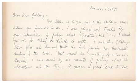 Lot #357 E. B. White: Handwritten letter by E. B. White with charming Charlotte sketch, in reply to touching 