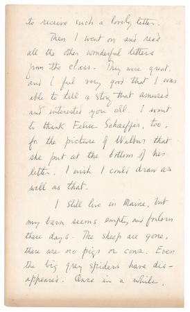 Lot #357 E. B. White: Handwritten letter by E. B. White with charming Charlotte sketch, in reply to touching 