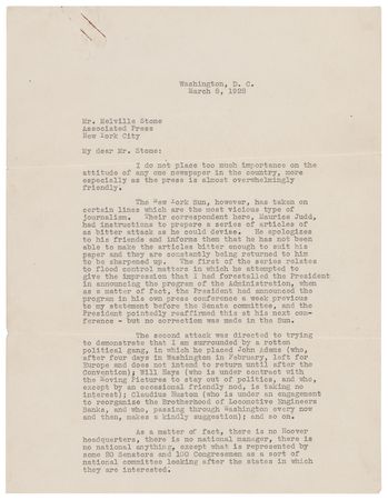 Lot #81 Herbert Hoover: Hoover lashes out at the New York Sun as 