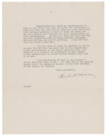 Lot #81 Herbert Hoover: Hoover lashes out at the New York Sun as 