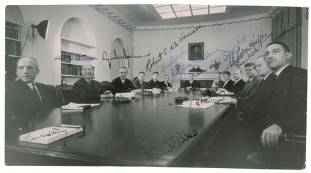 Lot #36 John F. Kennedy and Cabinet Extremely Rare Oversized Signed Photograph: Extremely rare signed photograph of President Kennedy with his first cabinet - Image 1