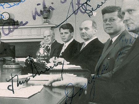 Lot #36 John F. Kennedy and Cabinet Extremely Rare Oversized Signed Photograph: Extremely rare signed photograph of President Kennedy with his first cabinet - Image 2