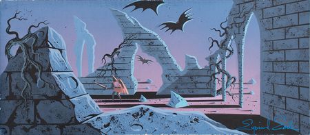 Lot #720 Eyvind Earle original concept painting of Prince Phillip from Sleeping Beauty: Prince Phillip braves Maleficent's nightmarish castle in Sleeping Beauty - Image 1