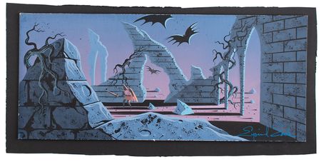 Lot #720 Eyvind Earle original concept painting of Prince Phillip from Sleeping Beauty: Prince Phillip braves Maleficent's nightmarish castle in Sleeping Beauty - Image 2