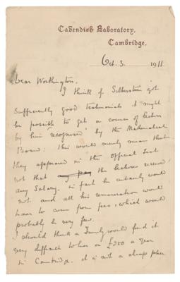 Lot #4019 J. J. Thomson Autograph Letter Signed on Silberstein's Lectures (October 3, 1911) - Image 1