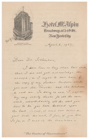 Lot #4024 Hendrik Antoon Lorentz Autograph Letter Signed on Silberstein's Leiden Lectures Translation (April 2, 1927) - Image 1