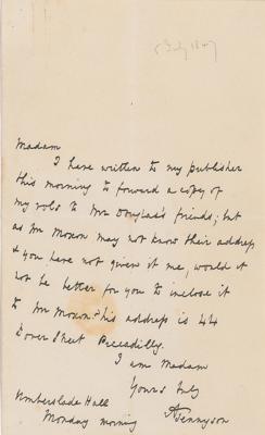 Lot #595 Alfred Lord Tennyson Autograph Letter Signed - Image 1
