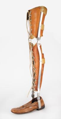 Lot #631 Frank Zappa's Metal and Leather Orthopedic Leg Brace: Leg brace worn for months by Frank Zappa after his Rainbow Theatre attack - Image 1