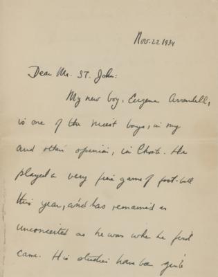 Lot #41 John F. Kennedy ALS to Choate Headmaster Mr. St. John Nov. 22 (ironic date), 1934 - Image 2