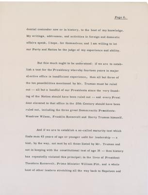 Lot #43 John F. Kennedy Signed Press Release of Speech Responding to Truman Suggesting Kennedy Drop Out of Presidential Race July 4, 1960 - Image 4