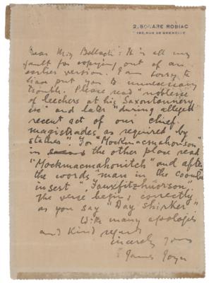 Lot #501 James Joyce Autograph Letter Signed - Image 1