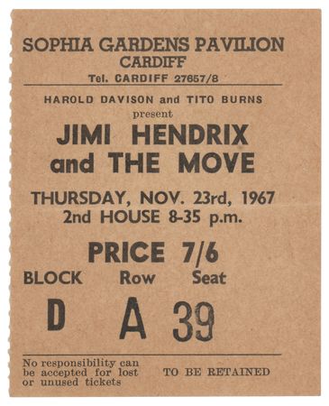 Lot #5085 Jimi Hendrix Experience and Pink Floyd 1967 Sophia Gardens Ticket Stub, Handbill, and Program - Image 1