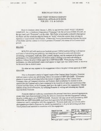Lot #5071 Bob Dylan 2001 Contract Rider - Image 1