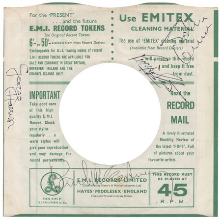 Lot #5015 Beatles Signed 45 RPM Record Sleeve