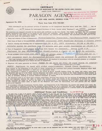 Lot #5302 Lynyrd Skynyrd 1975 Winterland Contract - Image 1