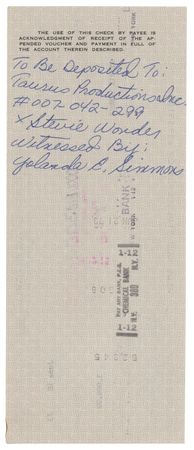 Lot #5252 Stevie Wonder Endorsed Check - Image 1