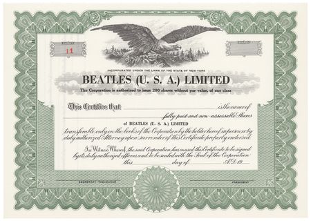 Lot #5020 Beatles 1964 Stock Certificate