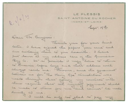 Lot #824 Eugene O'Neill Autograph Letter Signed - Image 1