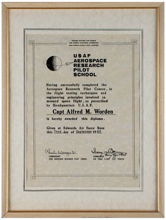 Lot #709 Al Worden's Test Pilot Pin, Diploma, and