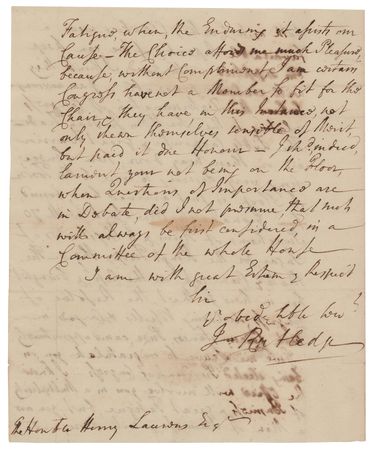 Lot #273 John Rutledge: Rutledge recognizes Laurens in an important handwritten letter from 1777: 
