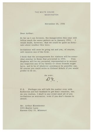Lot #116 Dwight D. Eisenhower: Ike invites his brother to his second presidential inauguration: 