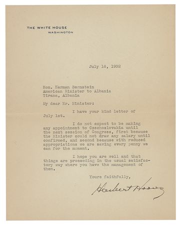 Lot #153 Herbert Hoover: Amidst the Great Depression, Hoover pauses diplomatic appointments: 