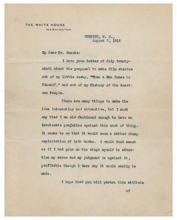 Lot #231 Woodrow Wilson: President Wilson declines a 