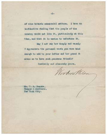 Lot #231 Woodrow Wilson: President Wilson declines a 