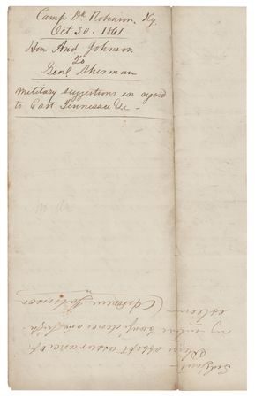 Lot #37 Andrew Johnson: Important handwritten 1861 letter from Andrew Johnson to William T. Sherman: 