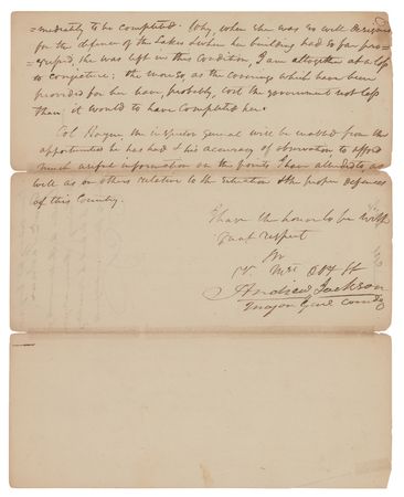 Lot #18 Andrew Jackson: Seventeen days after his heroic defense of New Orleans, Gen. Jackson makes recommendations for 