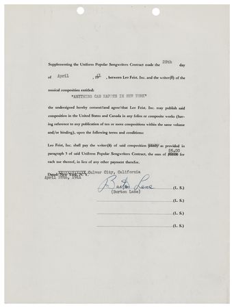 Lot #873 E. Y. Harburg and Burton Lane Document Signed - Image 2