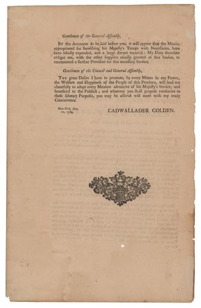 Lot #530 'The Speech of the Hon. Cadwallader Colden' 1769 Broadside: Lieut. Gov. Colden on the death of Sir Henry Moore, the Townshend Acts, and regulation of 