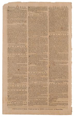 Lot #589 The Pennsylvania Packet or the General Advertiser (February 9, 1779): Reports on British land forces and the King's conversation with Lord Howe: 