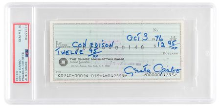 Lot #984 Greta Garbo Signed Check - PSA GEM MT 10