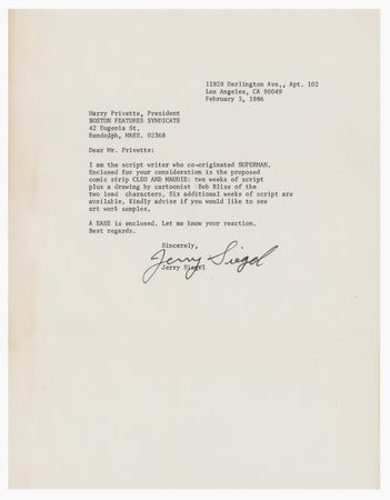 Lot #774 Jerry Siegel Typed Letter Signed