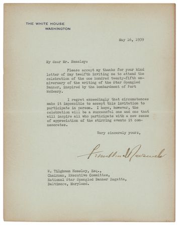 Lot #57 Franklin D. Roosevelt Typed Letter Signed as President on Star Spangled Banner - Image 1