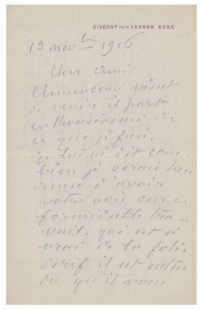 Lot #718 Claude Monet: Monet writes from Giverny to his loyal friend Gustave Geffroy: 