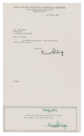 Lot #308 Linus Pauling: I do not believe in God