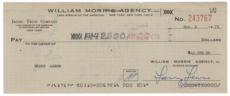 Lot #1038 Hank Aaron: William Morris Agency check