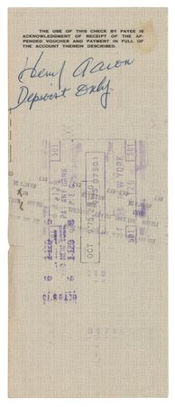 Lot #1038 Hank Aaron: William Morris Agency check signed by 
