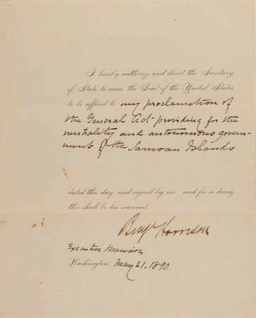 Lot #143 Benjamin Harrison: President Harrison proclaims an act 