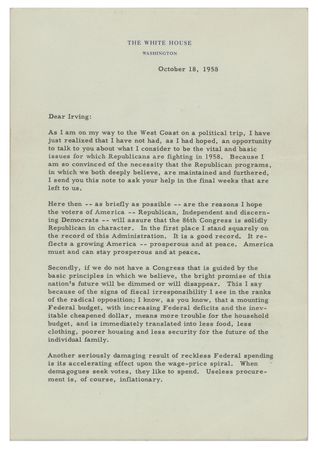 Lot #65 Dwight D. Eisenhower Typed Letter Signed as President on His Administration Accomplishments - Image 1