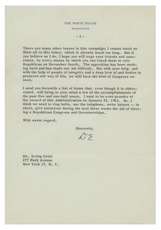 Lot #65 Dwight D. Eisenhower Typed Letter Signed as President on His Administration Accomplishments - Image 3