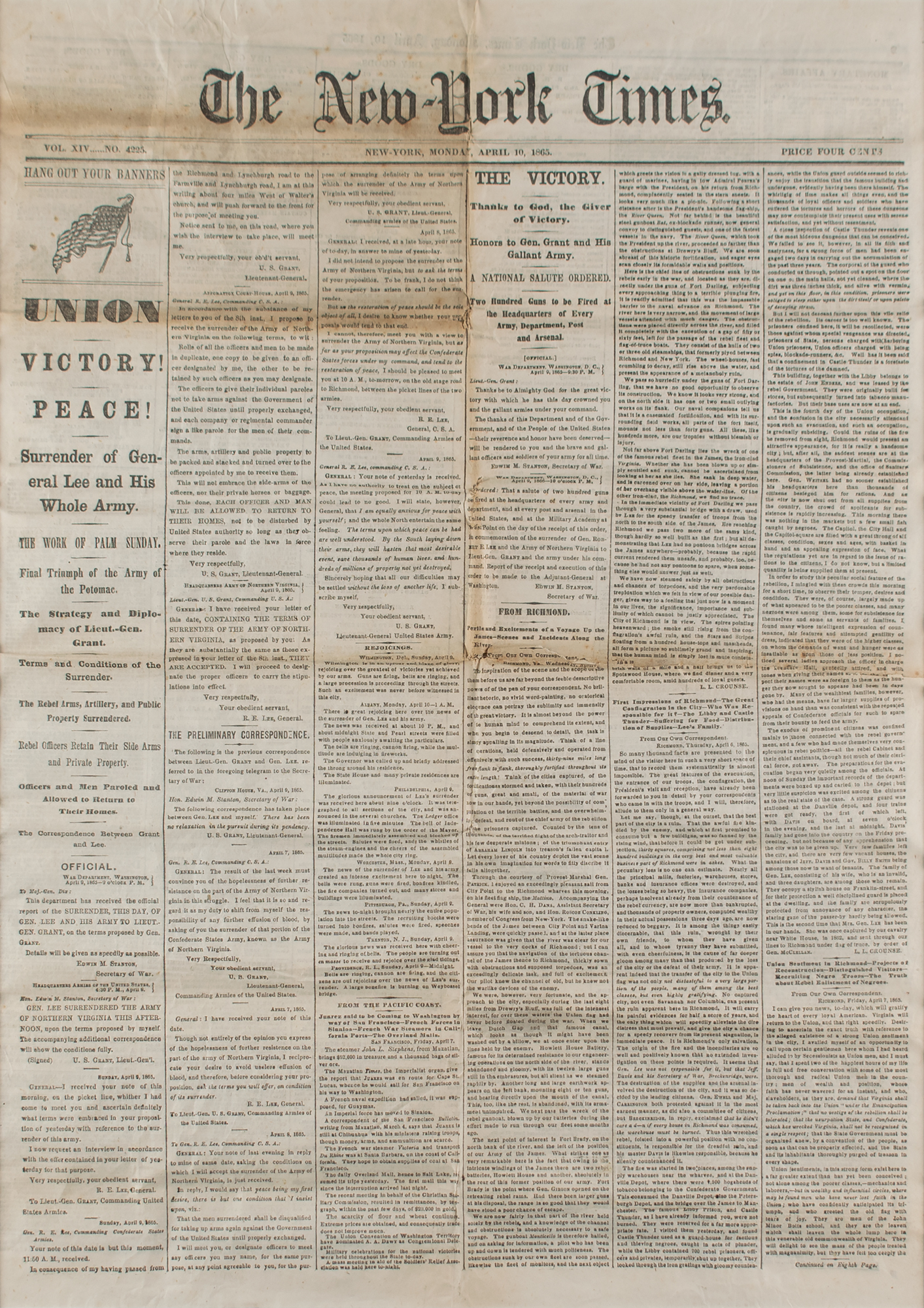 Civil War: New York Times from April 10, 1865, Proclaiming the End of